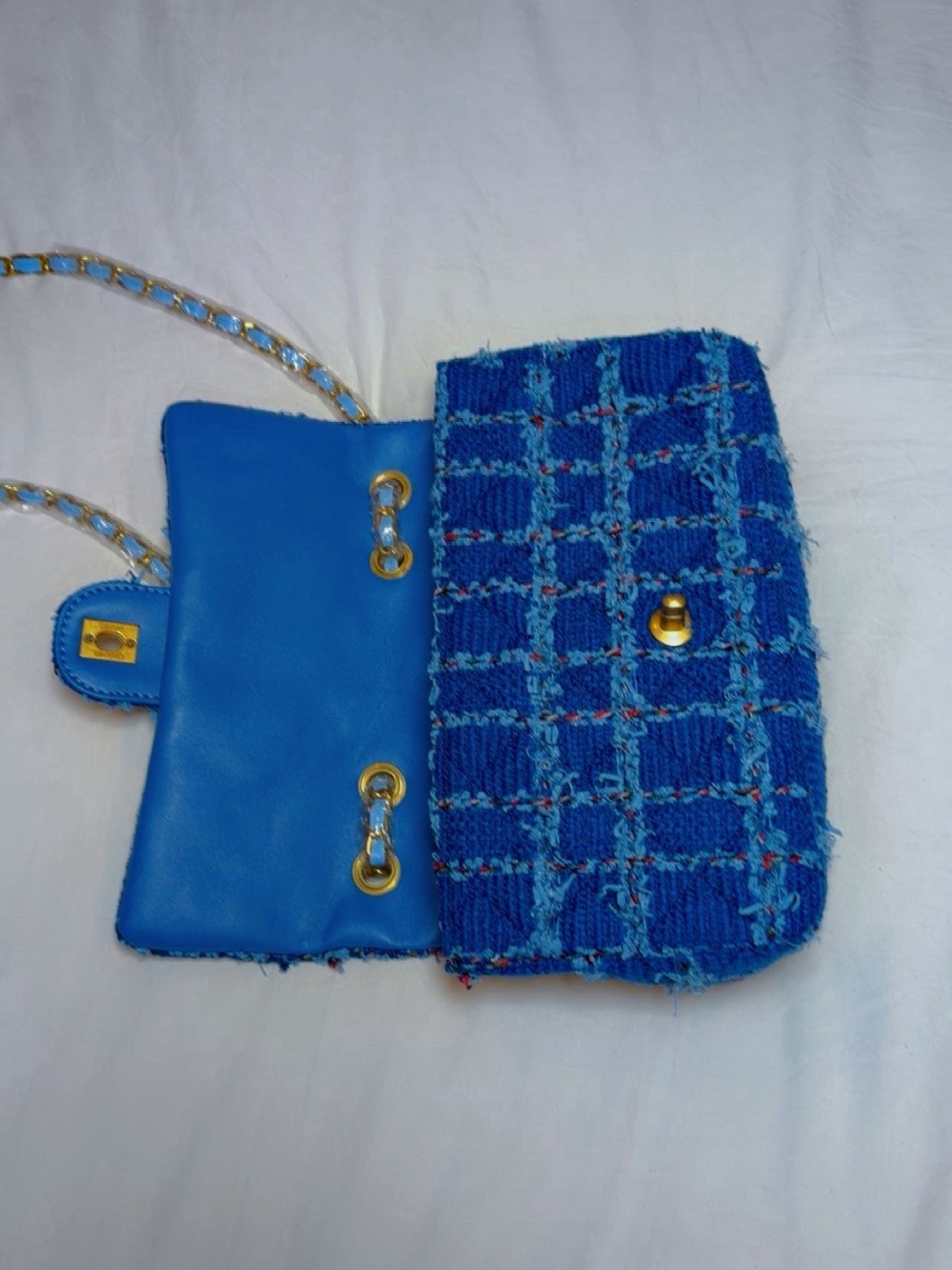 Blue Tweed & Leather Chain Shoulder Bag